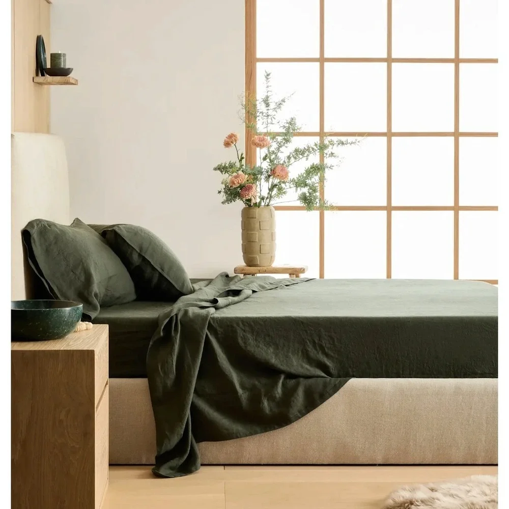 Quince European Linen Duvet Cover Set King/Cal King Pine Green with Shams